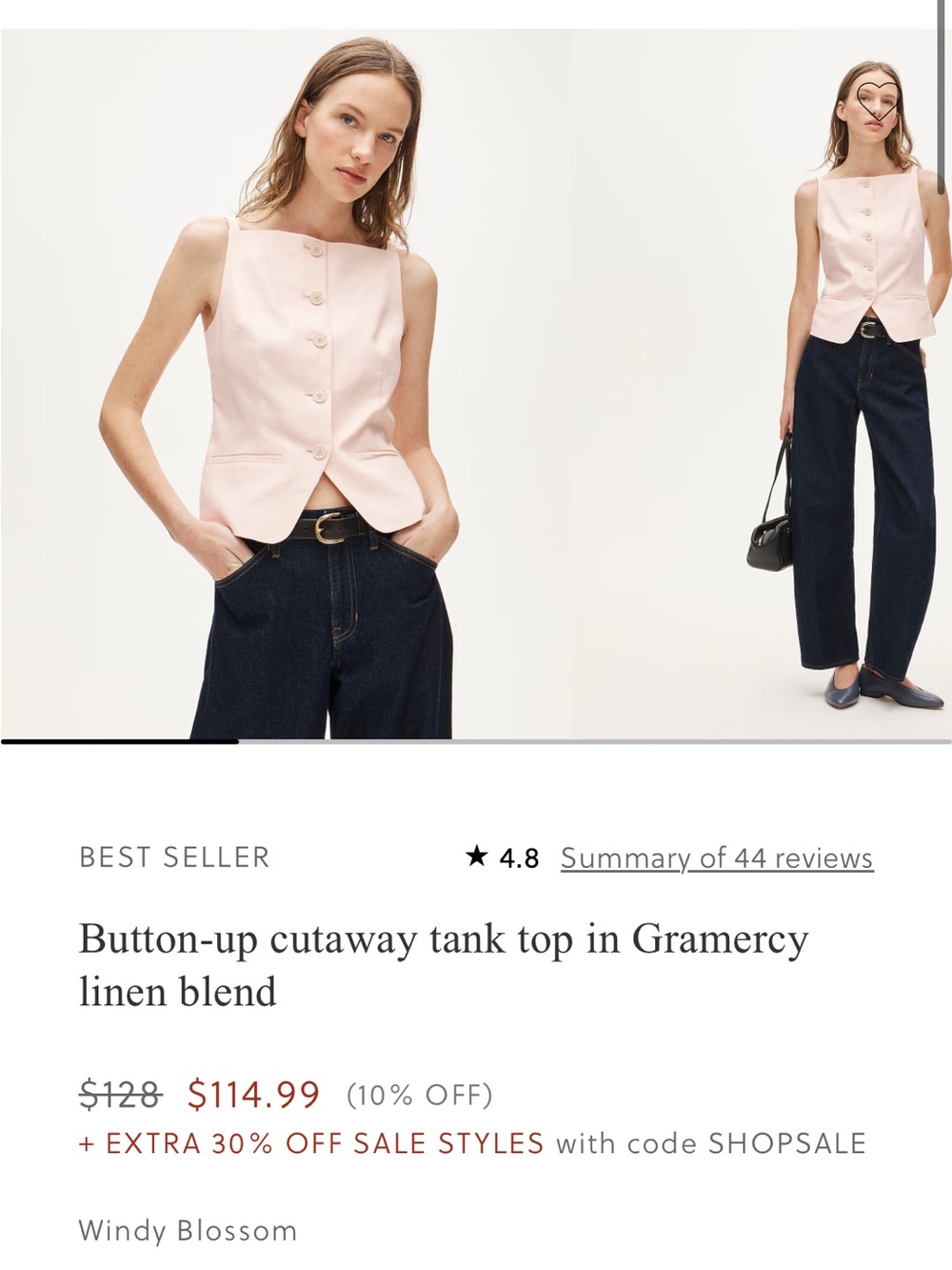 NWT J. Crew Button-Up Vest Tank Top in linen blend Blossom Pink sz. 6